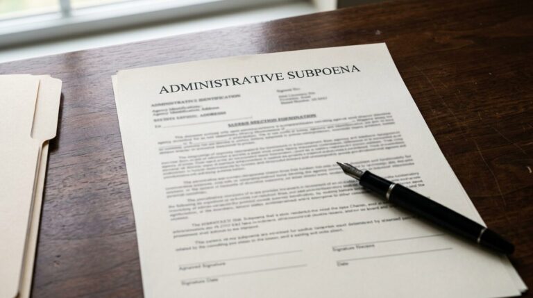 Close‑up of a generic administrative subpoena on a desk illustrating an article about OFAC administrative subpoenas.