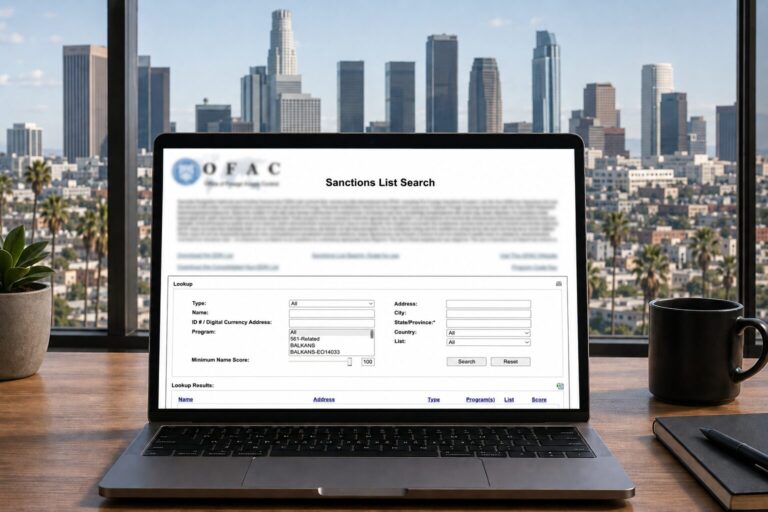Laptop showing the OFAC Sanctions List Search page with a downtown skyline in the background, illustrating OFAC SDN list removal and sanctions screening.
